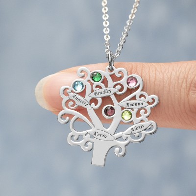 Personalisierte Familienkette im Baum-Design mit 1-6 Namen und Geburtssteinen