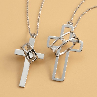 Personalisierte Paar Symbol des Glaubens Kreuz Halskette mit Halo Name graviertem Ring Zwei Halsketten