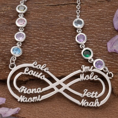 Personalisierte Infinity-Halskette mit 1–8 Namen und Geburtssteinen als Muttertagsgeschenk