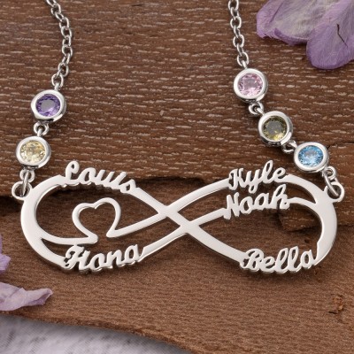 Personalisierte Infinity-Halskette mit 1–8 Namen und Geburtssteinen als Muttertagsgeschenk