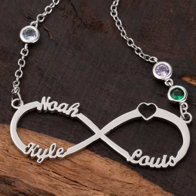 Personalisierte Infinity-Halskette mit 1–8 Namen und Geburtssteinen als Muttertagsgeschenk