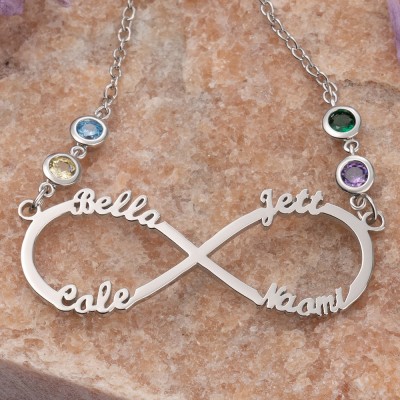 Personalisierte Infinity-Halskette mit 1–8 Namen und Geburtssteinen zum Muttertag