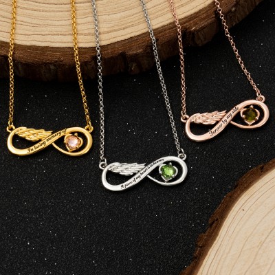 Personalisierte Infinity-Engelsflügel-Halskette mit Geburtsstein