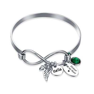 Personalisiertes Infinity Namensarmband mit Geburtsstein für immer in meinem Herzen Engelsflügel