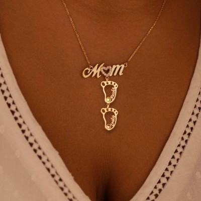 Personalisierte 1-10 hohle BabyFeet Name Mama Halskette mit Geburtssteinen