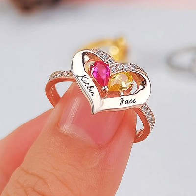 S925 Sterling Silber personalisierter Geburtsstein Paar 2 Namen Ring für Sie